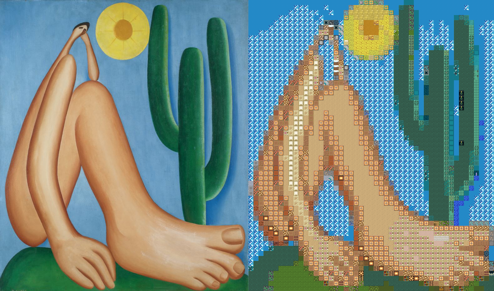 Pintura Abaporu original comparada com a versão criada usando blocos de Minecraft